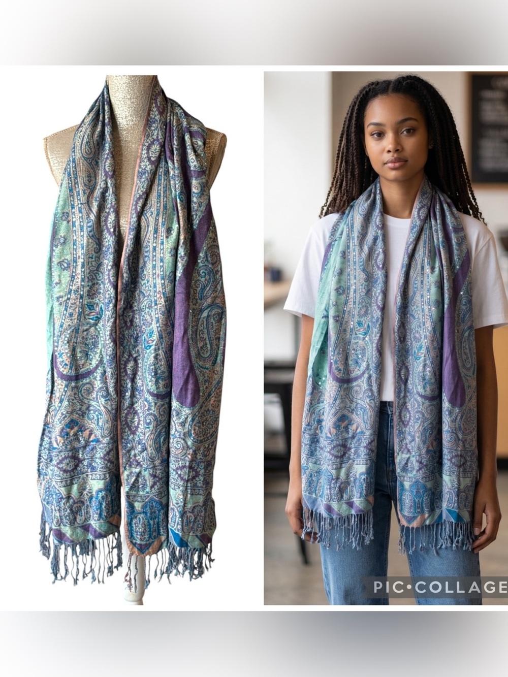 Paisley Sequin Pashmina Scarf Wrap Shawl Aqua Purple Boho Fringe